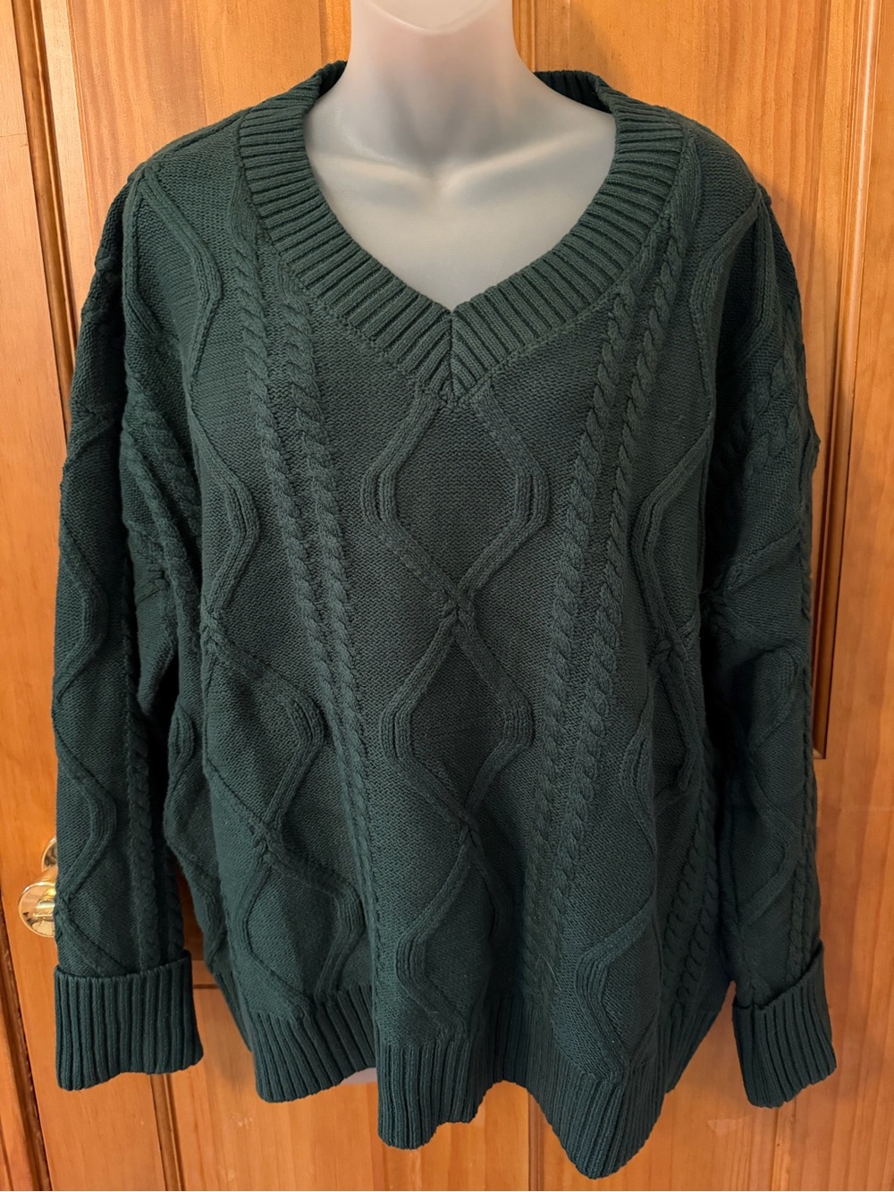 Dark Green Cable Knit V-Neck Sweater